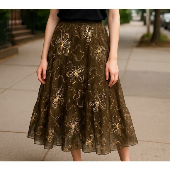 Sterling Styles Maxi Skirt Brown W/ Gold  Embroidery One Size Lining Tulle Boho - Picture 1 of 8